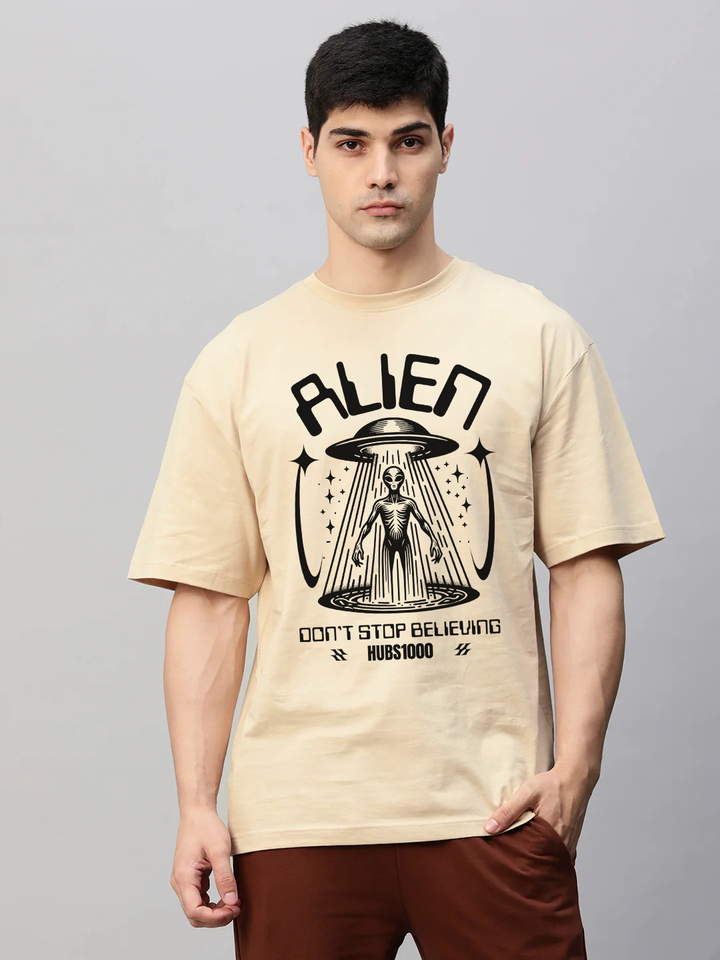 STOP BELIEVING OVERSIZED TEE – Beige Cosmic Irony & Alien Truths