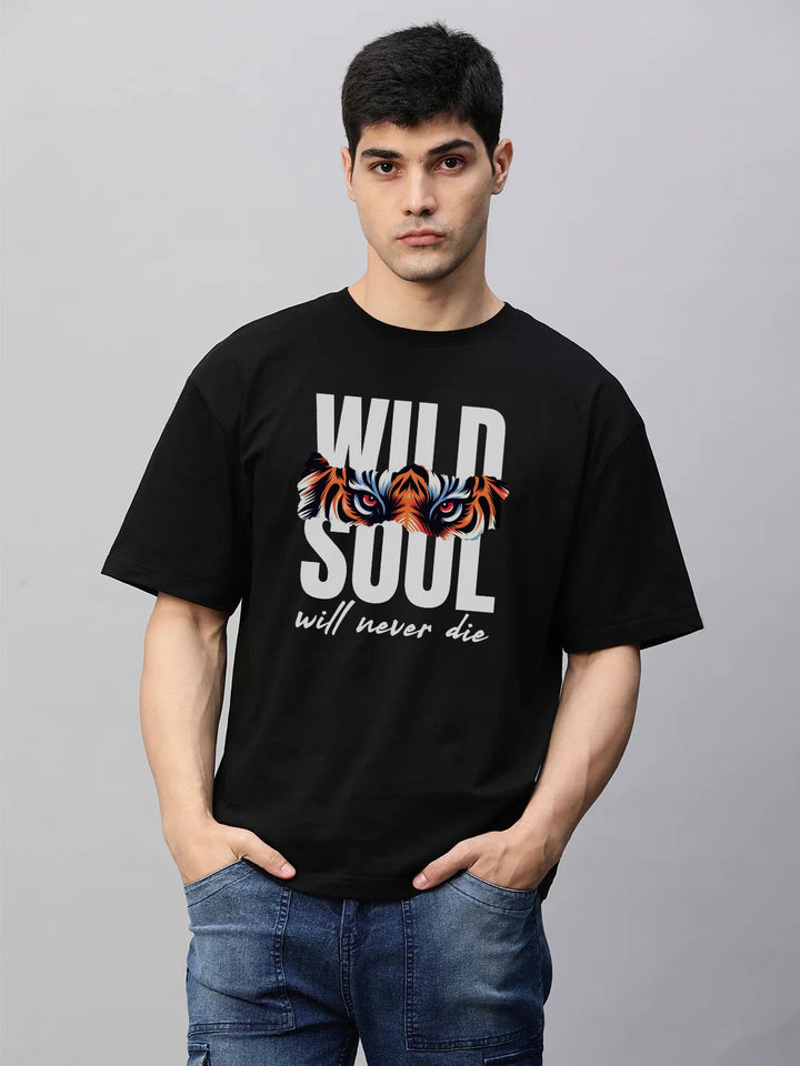 Wild Soul Oversized Black T-Shirt – Tiger Graphic & Fearless Motto | Bold Streetwear for Untamed Spirits