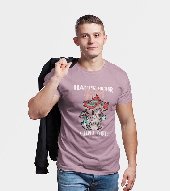 Wear the magic! "Happy Hour Chill Out Lavender T-Shirt – Magic Mushroom Psychedelic Regular Fit Streetwear Tee