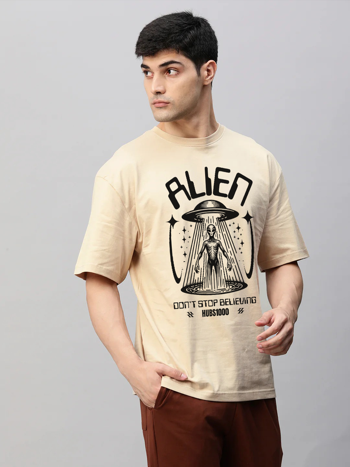 STOP BELIEVING OVERSIZED TEE – Beige Cosmic Irony & Alien Truths