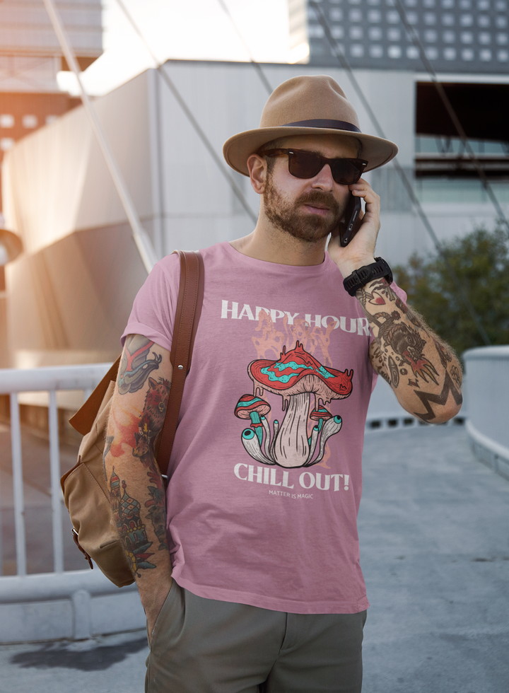 Wear the magic! "Happy Hour Chill Out Lavender T-Shirt – Magic Mushroom Psychedelic Regular Fit Streetwear Tee