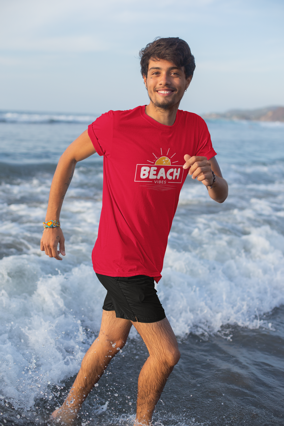 BEACH VIBES TEE – Sunset Red & Ocean Dreams