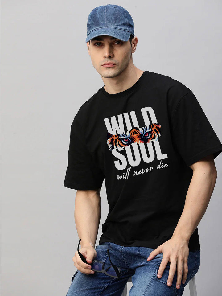 Wild Soul Oversized Black T-Shirt – Tiger Graphic & Fearless Motto | Bold Streetwear for Untamed Spirits