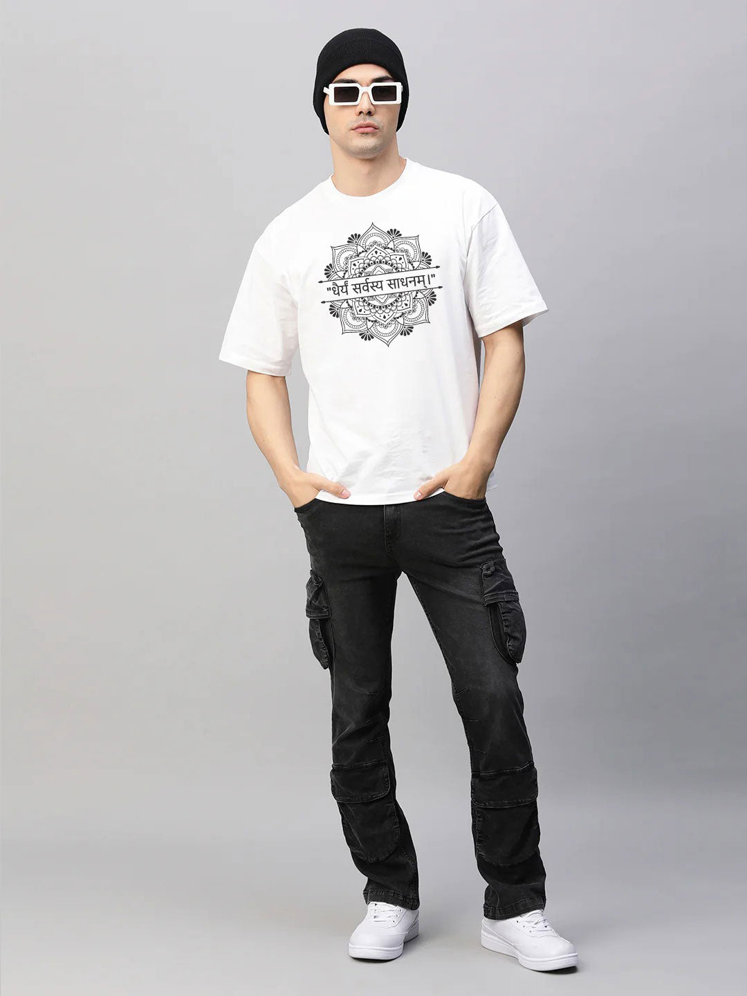 Dharya Sarveshya Sadhanam White Oversized T-Shirt – Mandala Art & Sanskrit Wisdom | Boho Chic Unisex Tee for Inner Strength