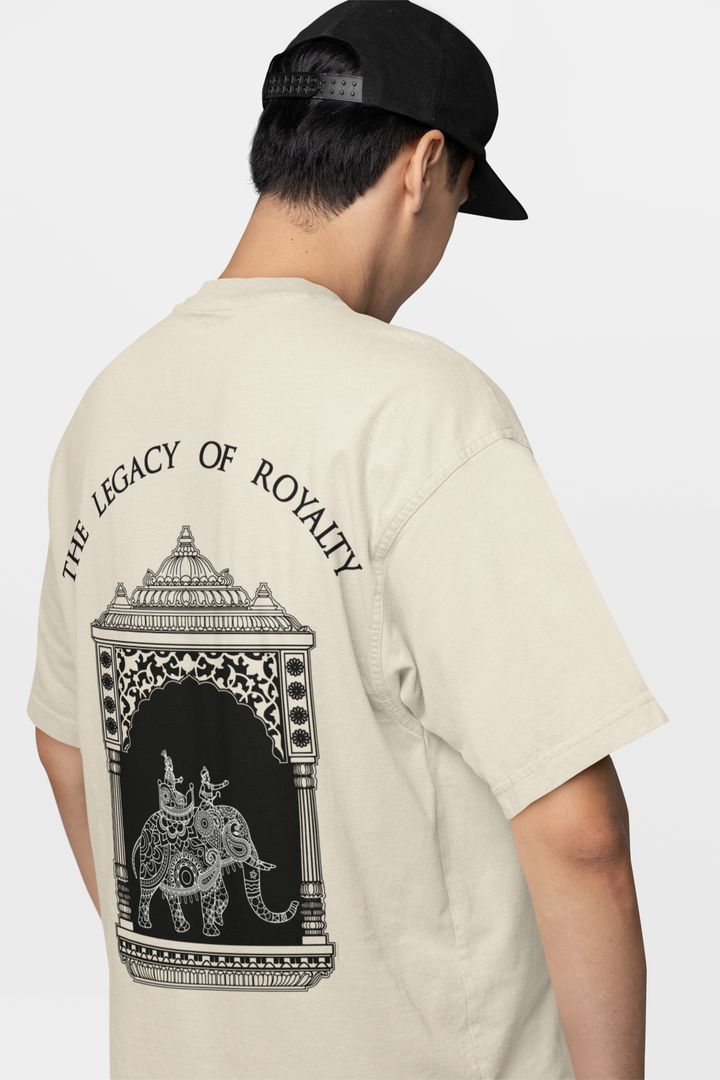 Dharmo Rakshati Rakshitah Beige Oversized T-Shirt – Sun Symbol & Royal Legacy Art