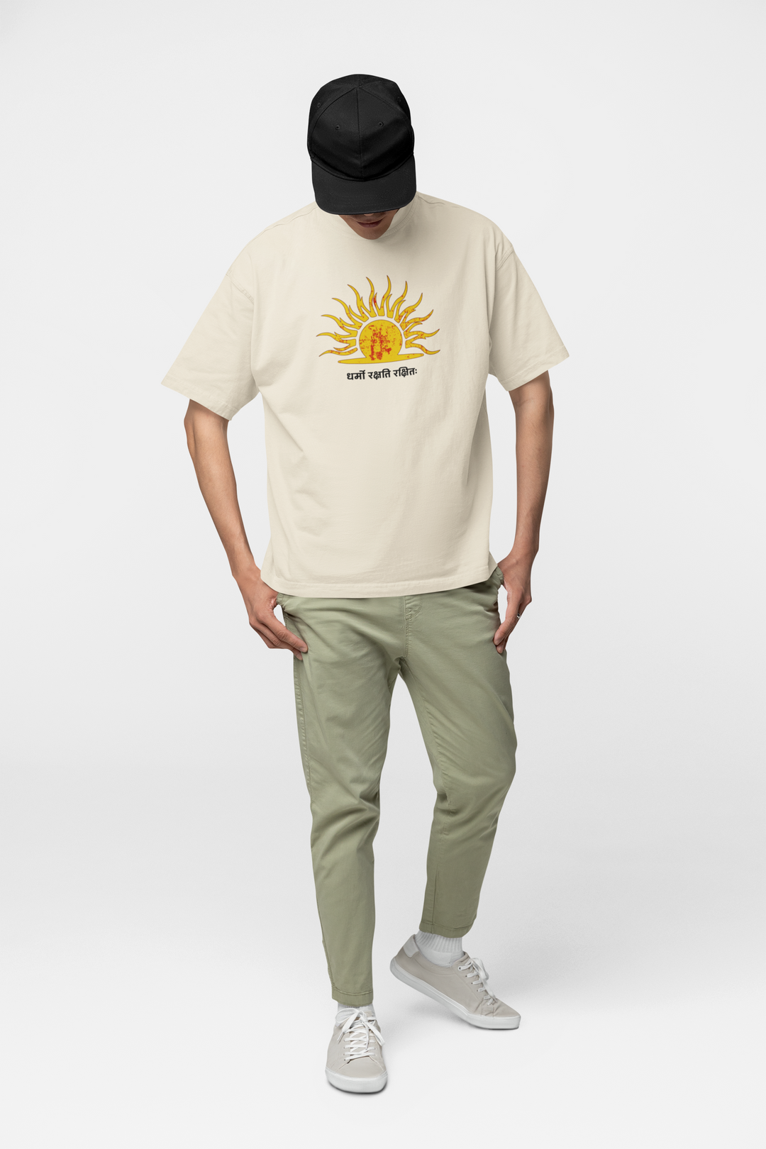 Dharmo Rakshati Rakshitah Beige Oversized T-Shirt – Sun Symbol & Royal Legacy Art