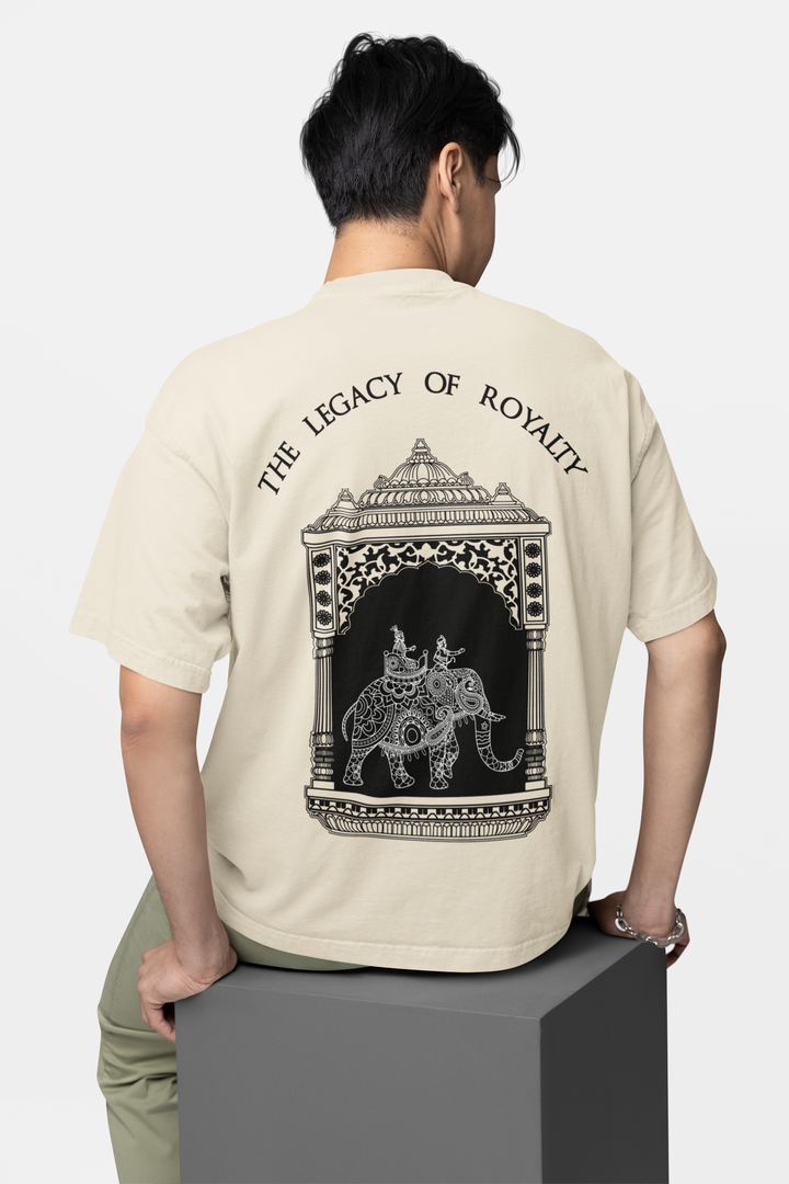 Dharmo Rakshati Rakshitah Beige Oversized T-Shirt – Sun Symbol & Royal Legacy Art