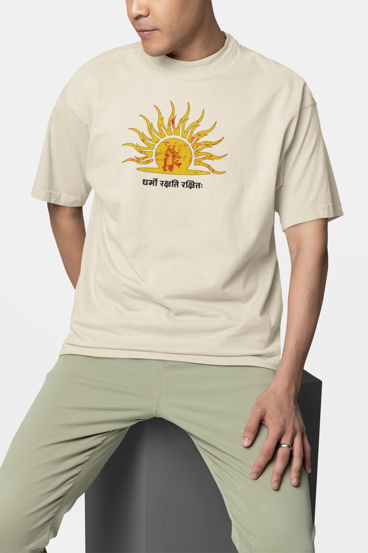 Dharmo Rakshati Rakshitah Beige Oversized T-Shirt – Sun Symbol & Royal Legacy Art