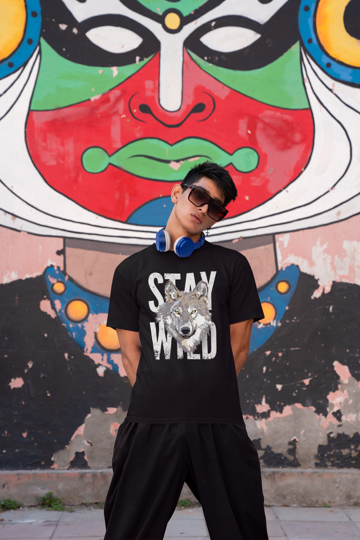 STAY WILD TEE – Wolf Spirit in Midnight Black